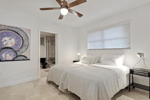 bedroom featuring light tile patterned floors, ceiling fan, and baseboards