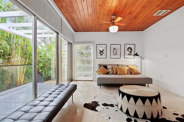 sunroom featuring a ceiling fan, wood ceiling, and visible vents