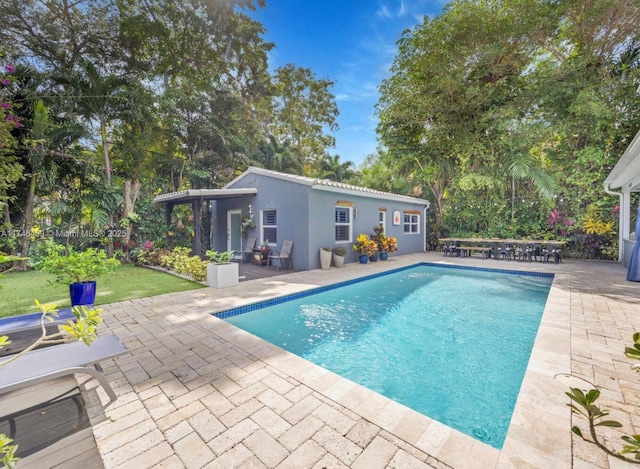 outdoor pool featuring a storage structure, a patio area, and an outbuilding