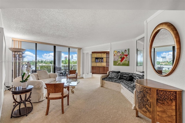 living room with a wall of windows, light carpet, and a textured ceiling