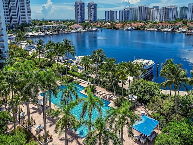 bird's eye view with a water view and a city view