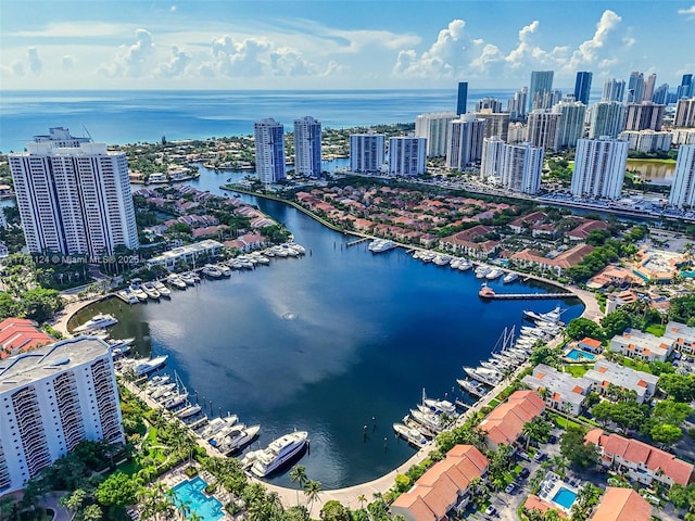 bird's eye view featuring a water view and a city view