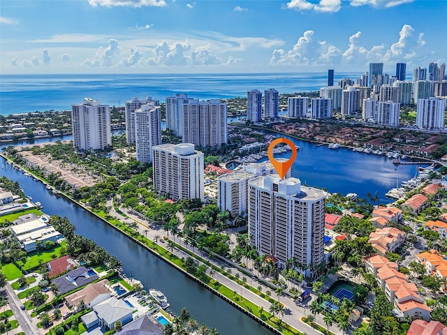 bird's eye view featuring a water view and a city view