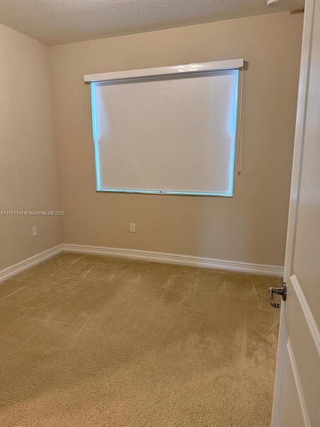 spare room with carpet floors, a textured ceiling, and baseboards