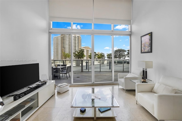 living area featuring a view of city and a high ceiling