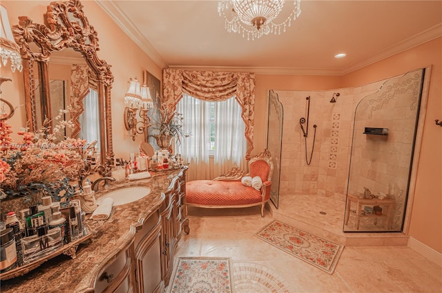 1111 Washington St, Hollywood, FL 33019 - full bath featuring ornamental molding, a chandelier, tiled shower, and vanity