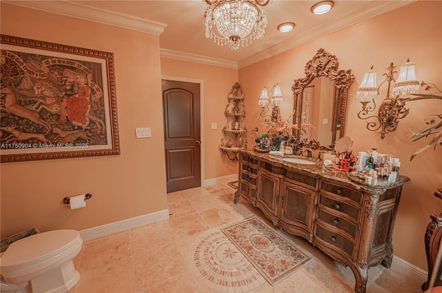1111 Washington St, Hollywood, FL 33019 - bathroom with a notable chandelier, toilet, ornamental molding, vanity, and baseboards