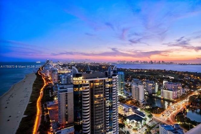 property's view of city with a water view and a beach view