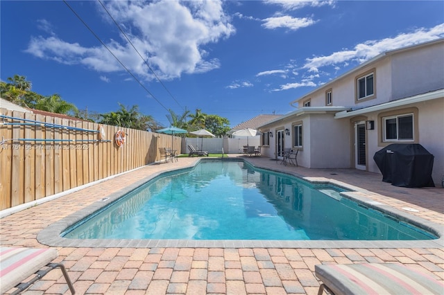 view of pool featuring a fenced in pool, a grill, a fenced backyard, and a patio