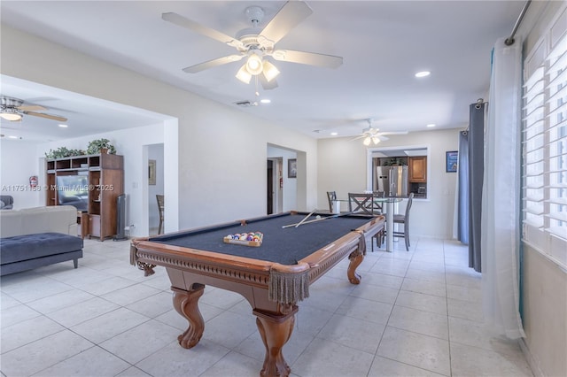 recreation room featuring recessed lighting, pool table, visible vents, a ceiling fan, and light tile patterned flooring