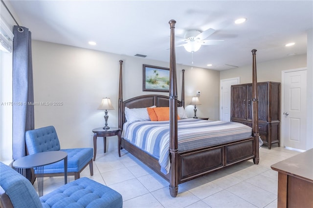 bedroom featuring recessed lighting, visible vents, and light tile patterned flooring