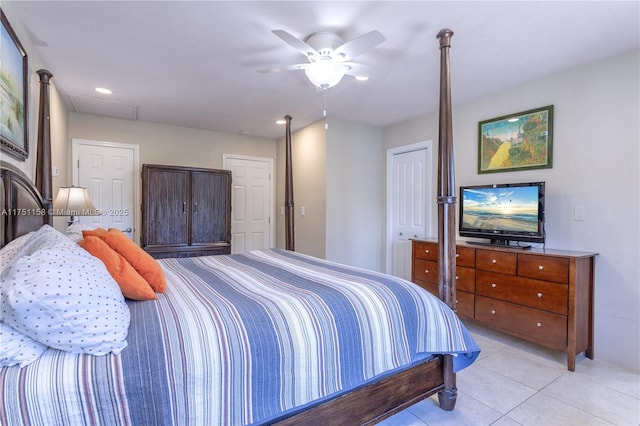 bedroom featuring a ceiling fan and light tile patterned flooring