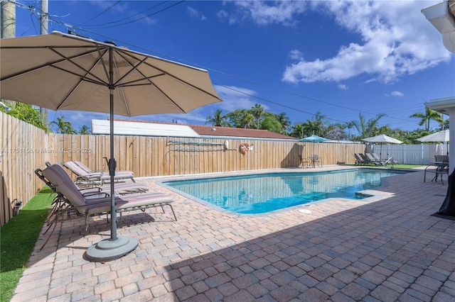 view of pool featuring a patio, a fenced backyard, and a fenced in pool