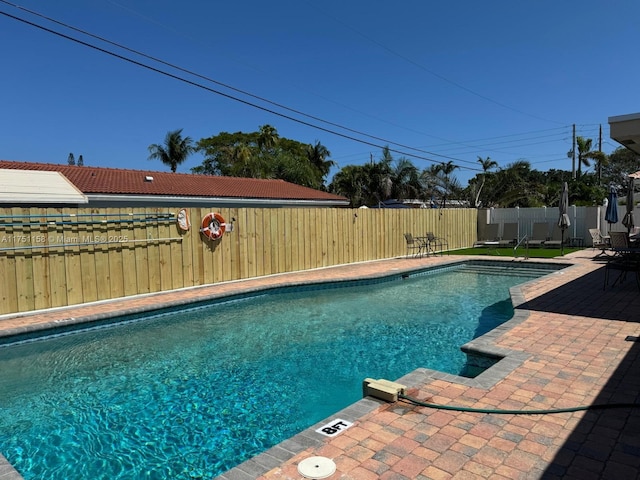 view of pool featuring a fenced in pool, a fenced backyard, and a patio