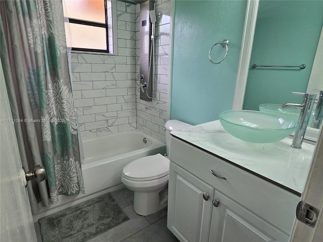 full bathroom with toilet, shower / tub combo, tile patterned flooring, and vanity