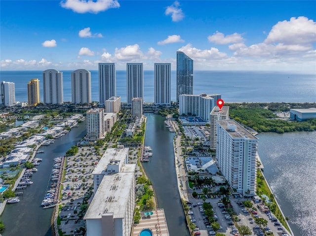 birds eye view of property featuring a view of city and a water view