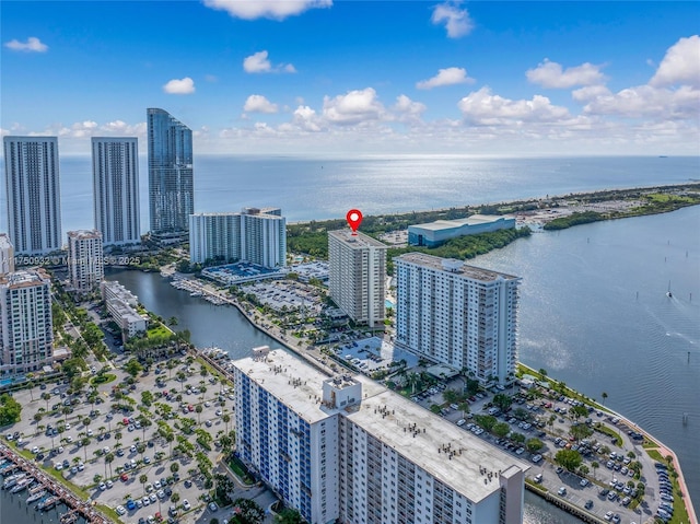 aerial view featuring a water view and a city view