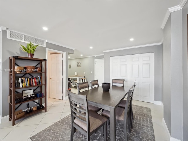 dining space featuring crown molding, light tile patterned floors, recessed lighting, and visible vents