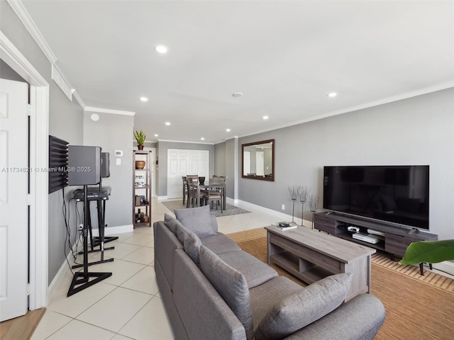 living area featuring light tile patterned floors, recessed lighting, baseboards, and ornamental molding