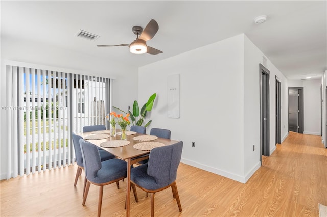 dining room featuring ceiling fan, light wood-style flooring, visible vents, and baseboards