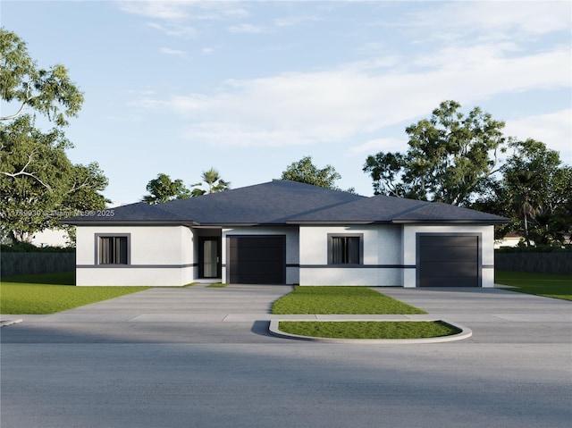 prairie-style house featuring an attached garage, fence, and stucco siding