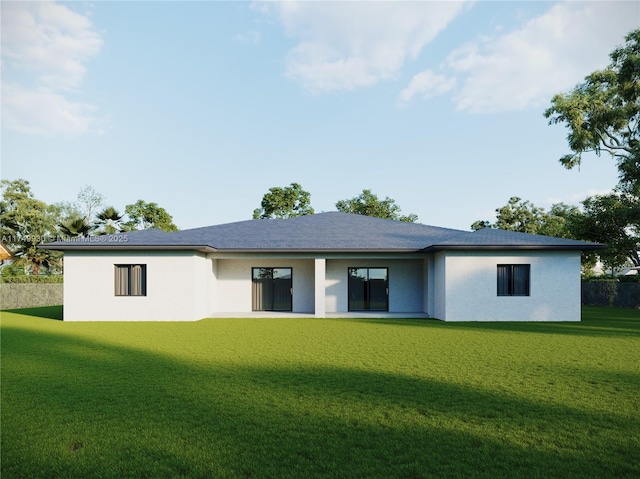 rear view of property featuring a yard, fence, and stucco siding