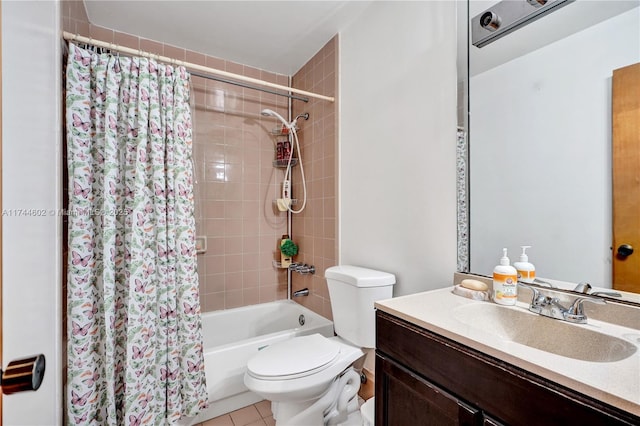 full bathroom with toilet, tile patterned flooring, vanity, and shower / tub combo with curtain