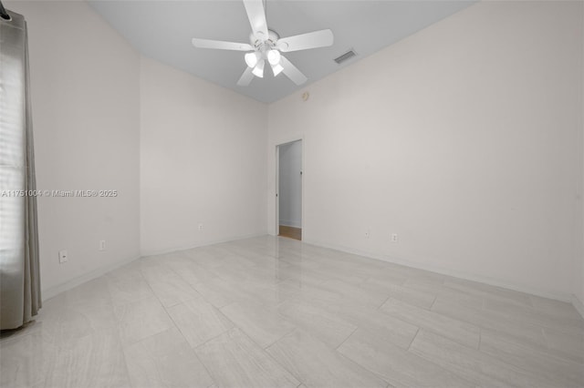 empty room featuring visible vents and ceiling fan