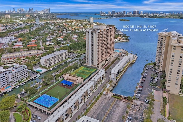 bird's eye view with a view of city and a water view