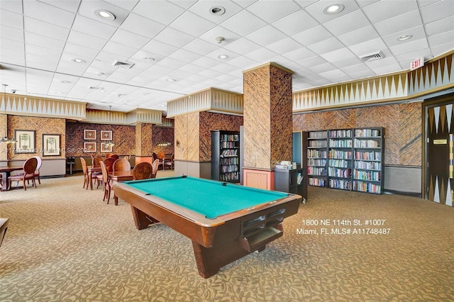 game room featuring carpet, visible vents, recessed lighting, and wallpapered walls