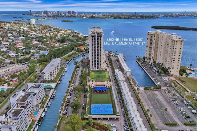 aerial view with a view of city and a water view