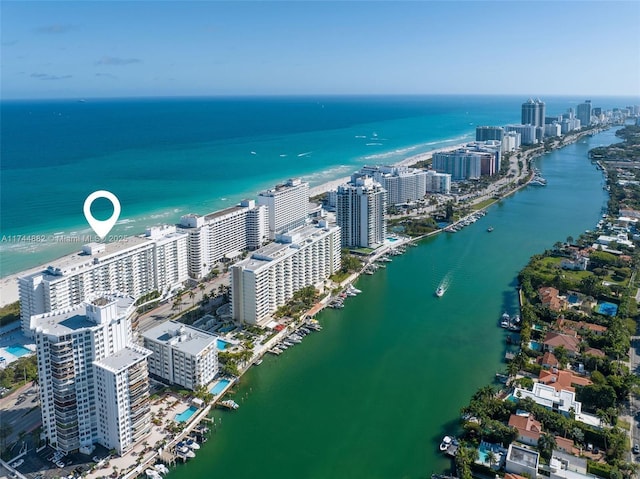 drone / aerial view featuring a view of city and a water view