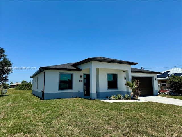 view of front facade featuring concrete driveway, a front lawn, an attached garage, and stucco siding