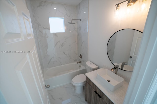 full bathroom featuring marble finish floor, vanity, toilet, and bathtub / shower combination