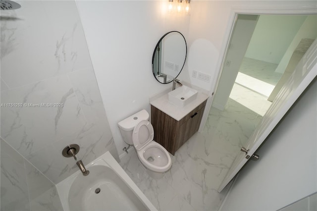 bathroom with  shower combination, marble finish floor, vanity, and toilet