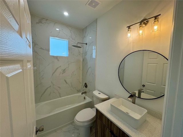 bathroom featuring marble finish floor, shower / bathtub combination, visible vents, toilet, and vanity