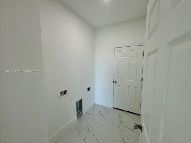 laundry room with marble finish floor, hookup for a washing machine, hookup for an electric dryer, laundry area, and baseboards