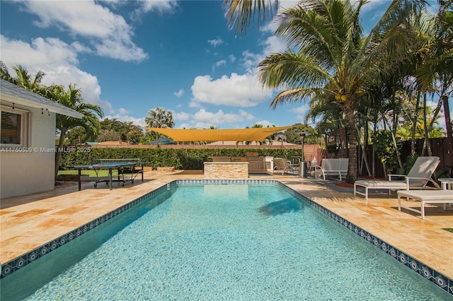 view of swimming pool with fence, a fenced in pool, and a patio