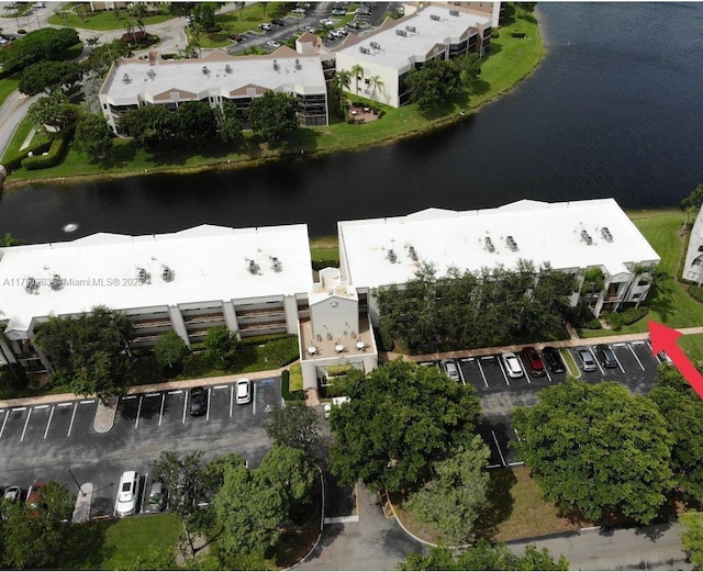 drone / aerial view featuring a water view