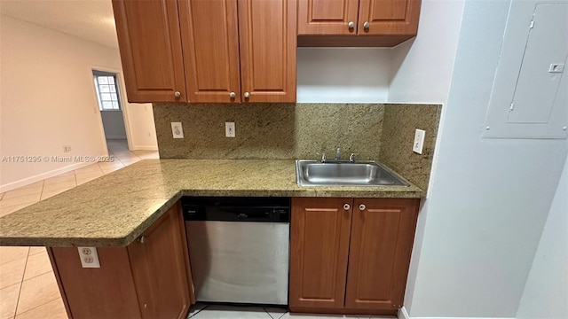 kitchen featuring brown cabinets, backsplash, a sink, electric panel, and dishwasher