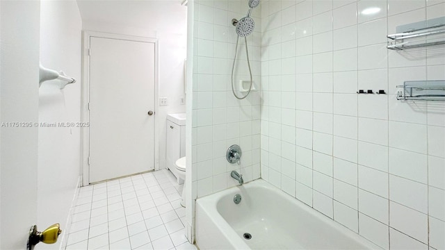 bathroom with  shower combination, tile patterned flooring, toilet, and vanity