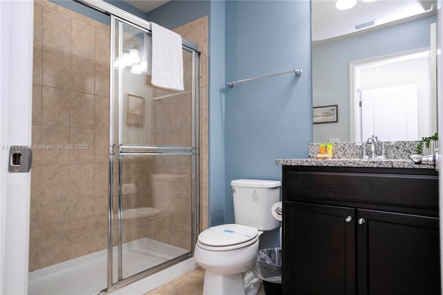 full bathroom with toilet, a stall shower, visible vents, and vanity