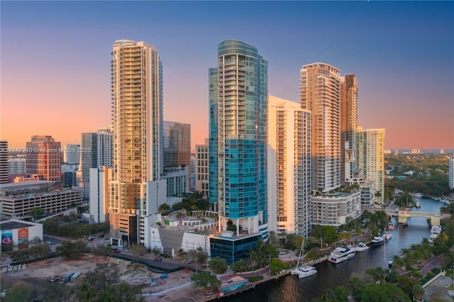 property's view of city featuring a water view