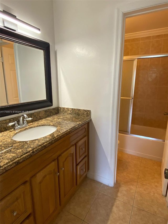 full bathroom with tile patterned flooring, enclosed tub / shower combo, and vanity