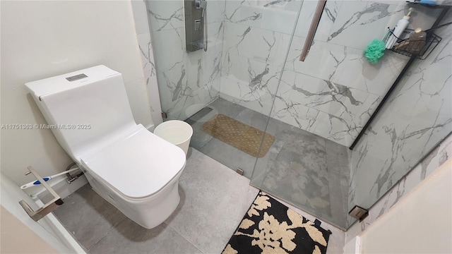 full bathroom featuring a marble finish shower, electric panel, and toilet