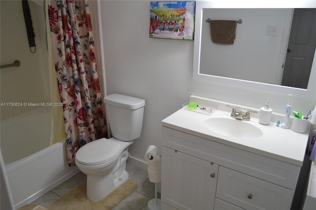 bathroom featuring shower / tub combo, baseboards, toilet, tile patterned flooring, and vanity