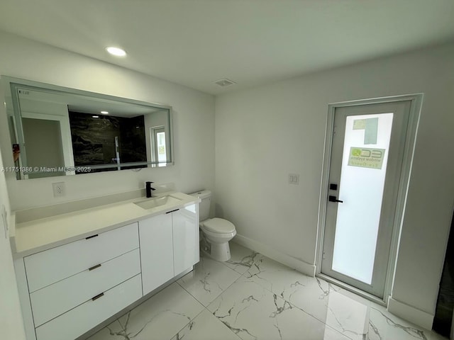 full bath featuring toilet, recessed lighting, visible vents, vanity, and marble finish floor