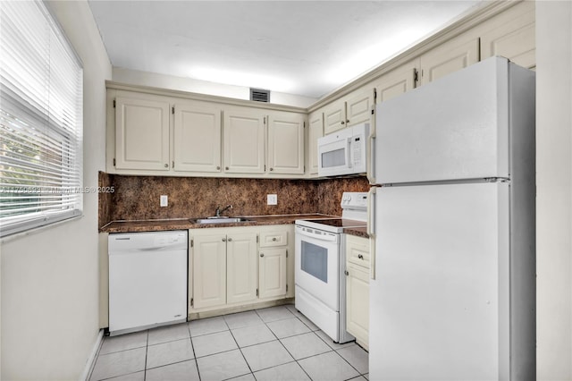 kitchen with tasteful backsplash, dark countertops, visible vents, a sink, and white appliances