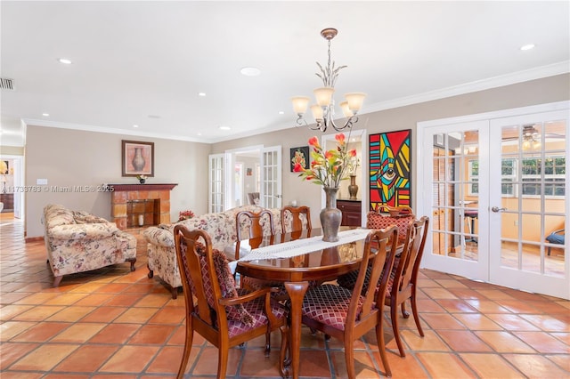 dining area featuring french doors, light tile patterned flooring, and recessed lighting