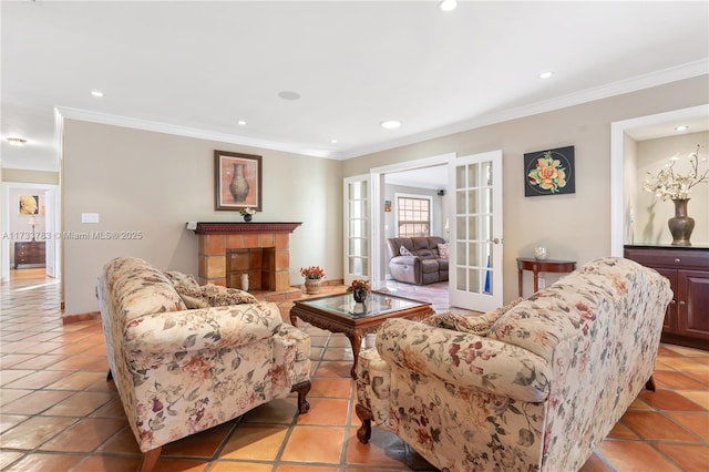 living room featuring light tile patterned floors, recessed lighting, crown molding, and french doors